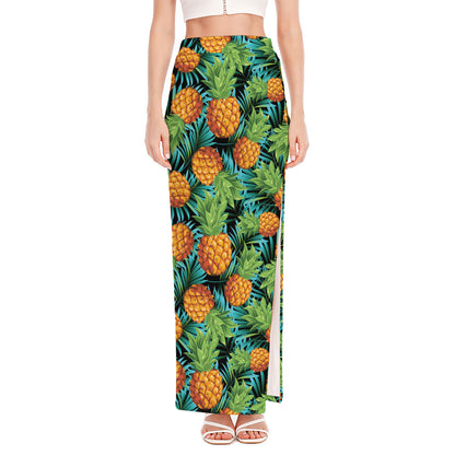 Exotic Tropical Pineapple Pattern Print High Slit Maxi Skirt