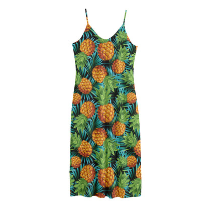 Exotic Tropical Pineapple Pattern Print Jersey Midi Cami Dress