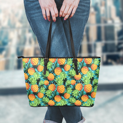 Exotic Tropical Pineapple Pattern Print Leather Tote Bag