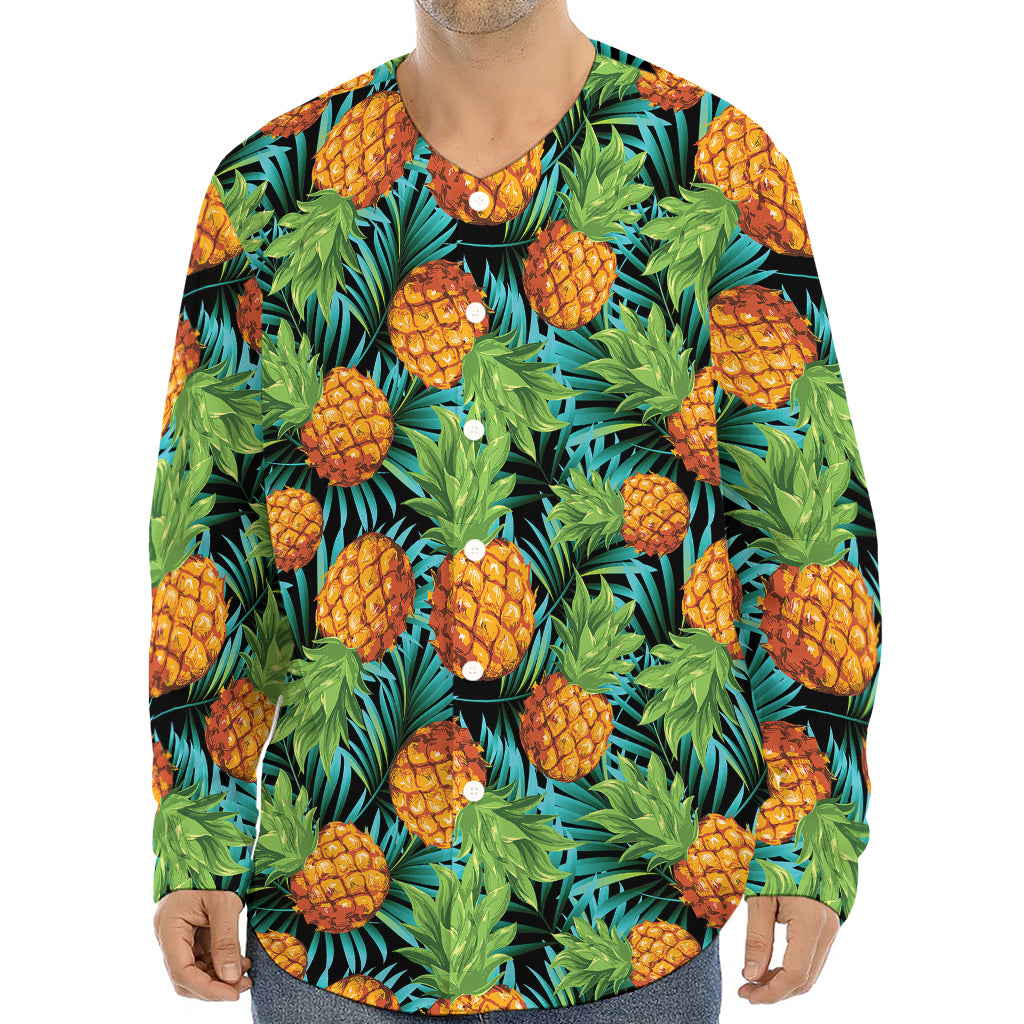 Exotic Tropical Pineapple Pattern Print Long Sleeve Baseball Jersey
