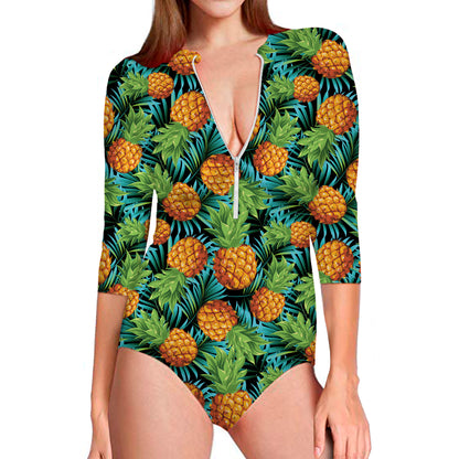 Exotic Tropical Pineapple Pattern Print Long Sleeve Swimsuit