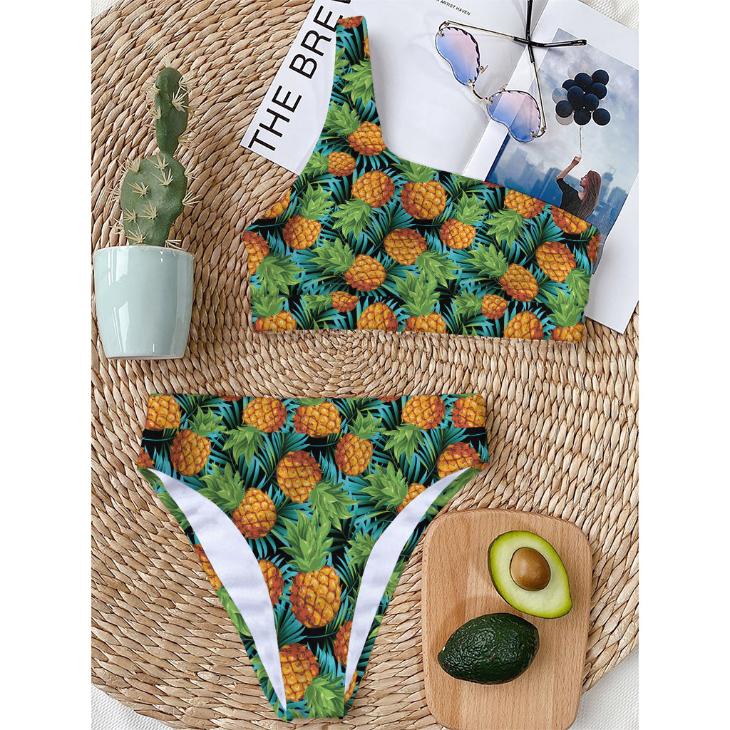 Exotic Tropical Pineapple Pattern Print One Shoulder Bikini Top