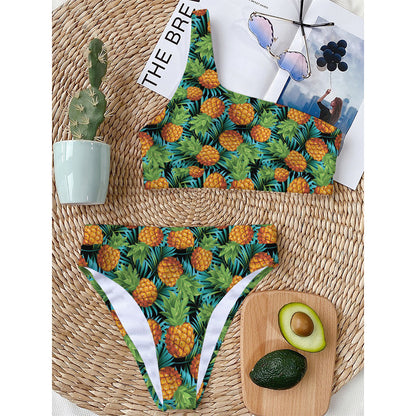 Exotic Tropical Pineapple Pattern Print One Shoulder Bikini Top