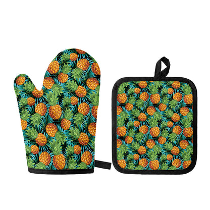 Exotic Tropical Pineapple Pattern Print Oven Mitt And Pot Holder Set