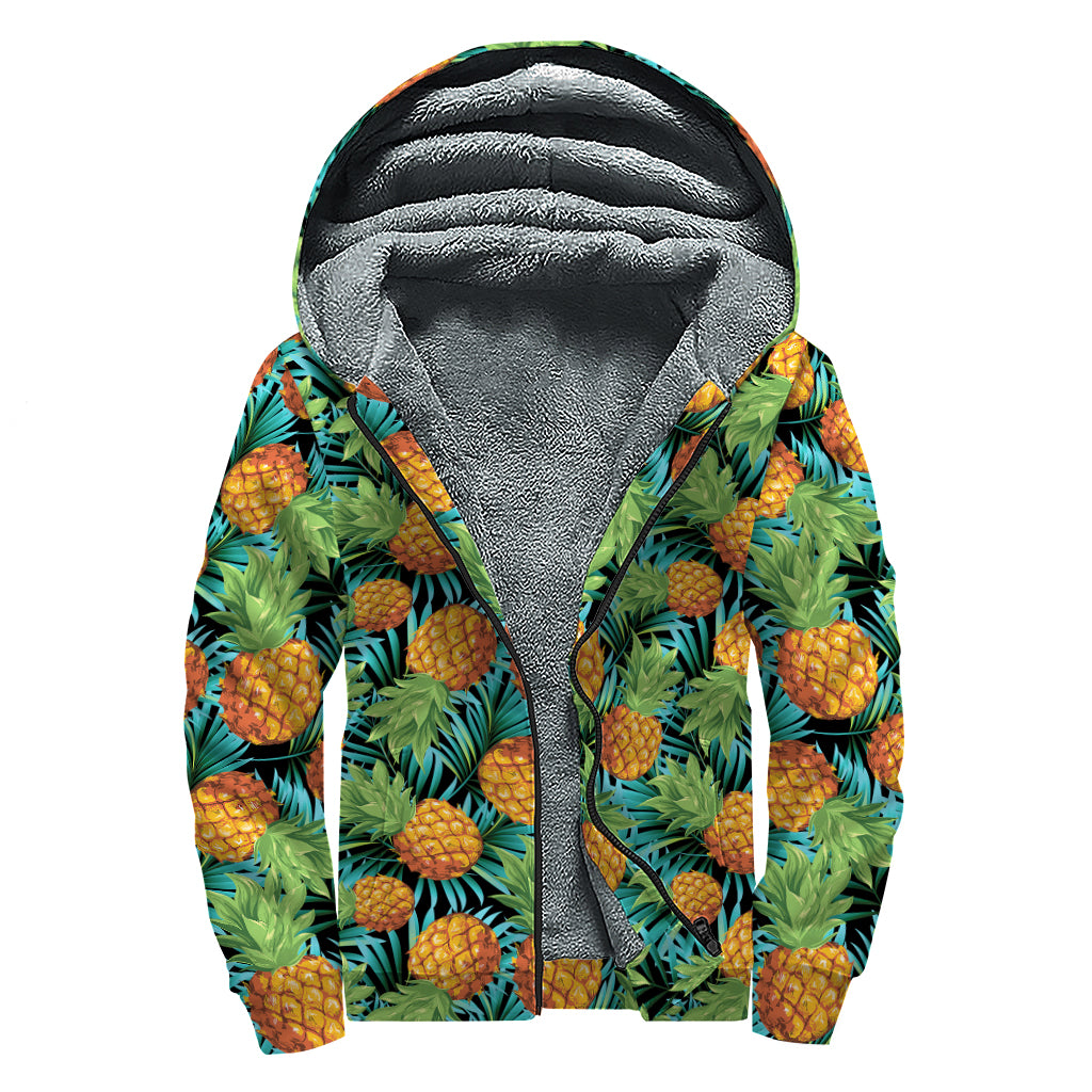 Exotic Tropical Pineapple Pattern Print Sherpa Lined Zip Up Hoodie