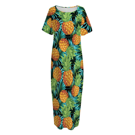Exotic Tropical Pineapple Pattern Print Short Sleeve Long Nightdress