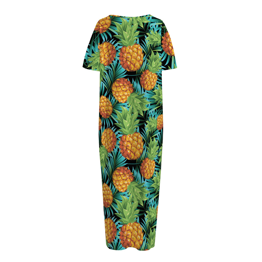 Exotic Tropical Pineapple Pattern Print Short Sleeve Long Nightdress