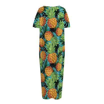 Exotic Tropical Pineapple Pattern Print Short Sleeve Long Nightdress