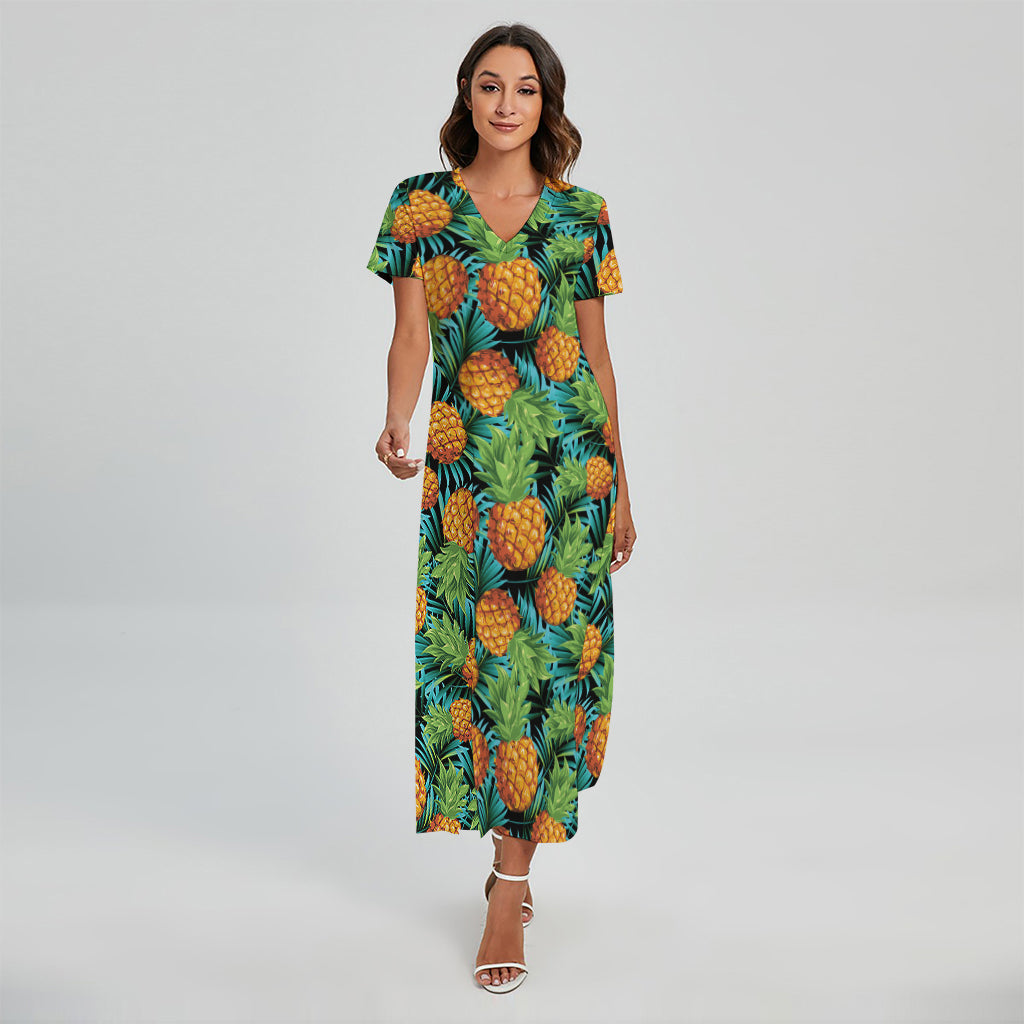 Exotic Tropical Pineapple Pattern Print Short Sleeve Maxi Dress