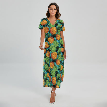 Exotic Tropical Pineapple Pattern Print Short Sleeve Maxi Dress