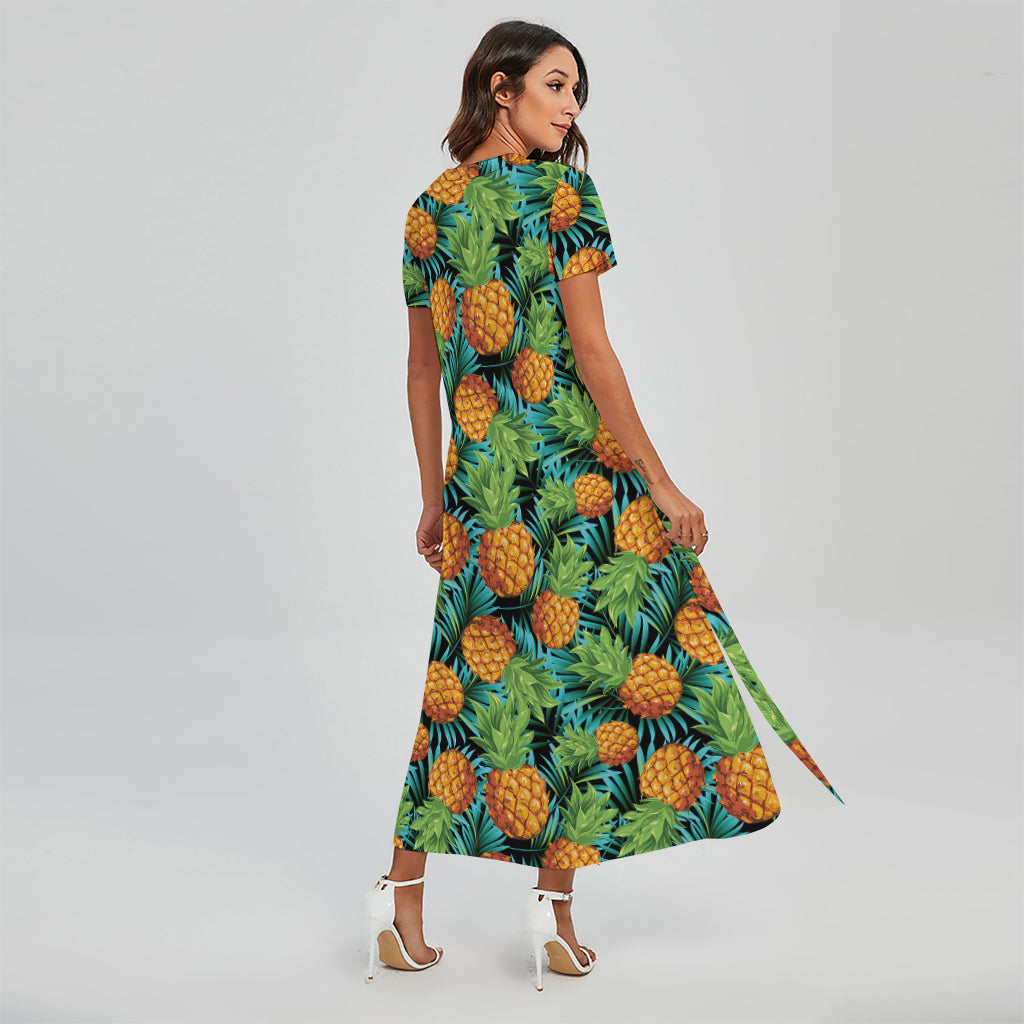 Exotic Tropical Pineapple Pattern Print Short Sleeve Maxi Dress