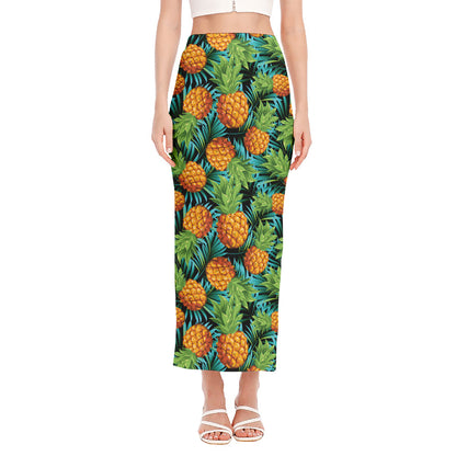 Exotic Tropical Pineapple Pattern Print Side Slit Maxi Skirt