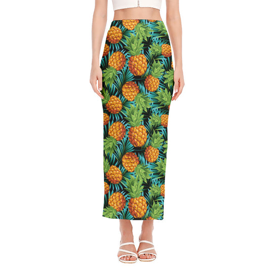Exotic Tropical Pineapple Pattern Print Side Slit Maxi Skirt