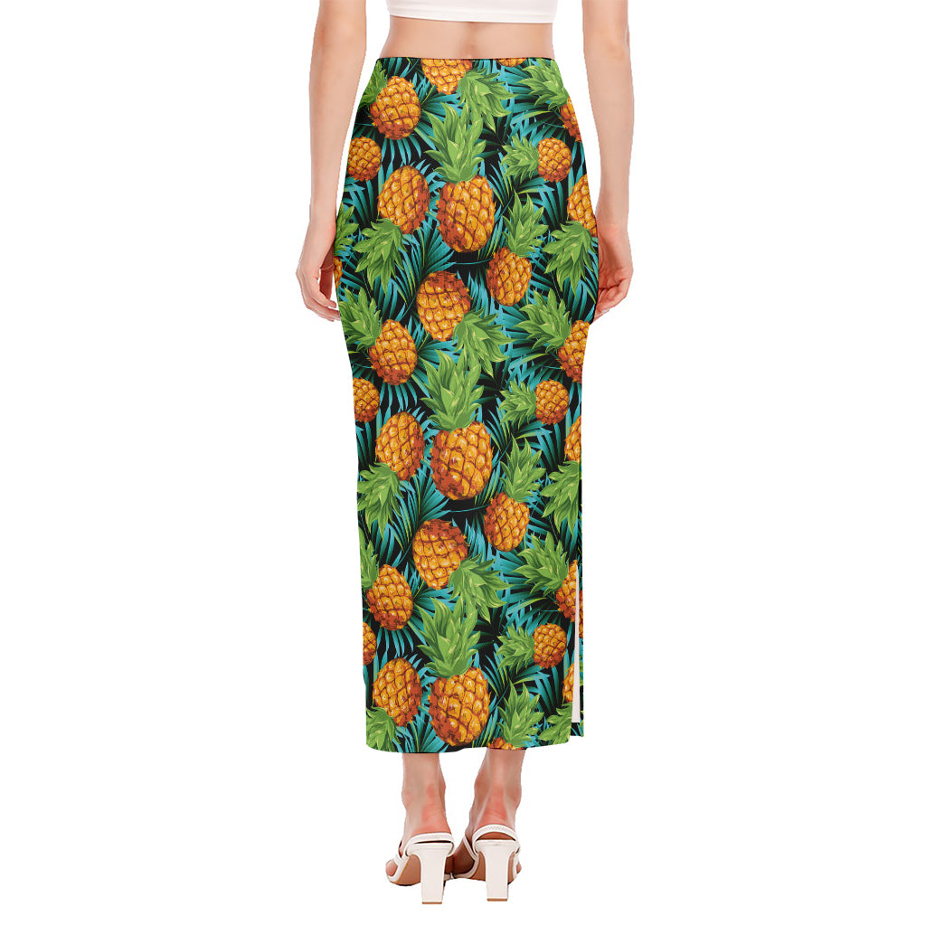 Exotic Tropical Pineapple Pattern Print Side Slit Maxi Skirt