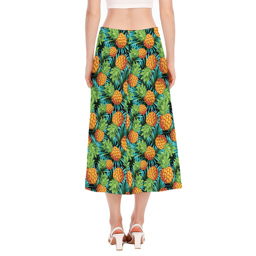 Exotic Tropical Pineapple Pattern Print Side Slit Midi Skirt