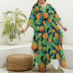 Exotic Tropical Pineapple Pattern Print Silk V-Neck Kaftan Dress