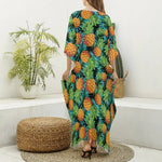 Exotic Tropical Pineapple Pattern Print Silk V-Neck Kaftan Dress