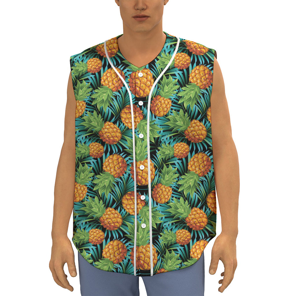 Exotic Tropical Pineapple Pattern Print Sleeveless Baseball Jersey