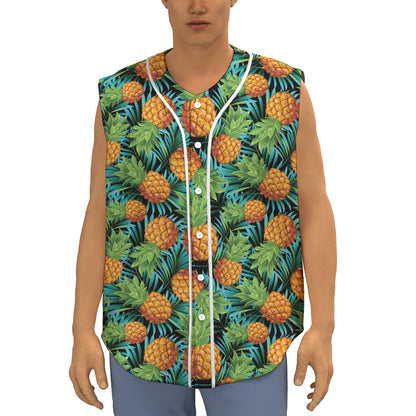 Exotic Tropical Pineapple Pattern Print Sleeveless Baseball Jersey