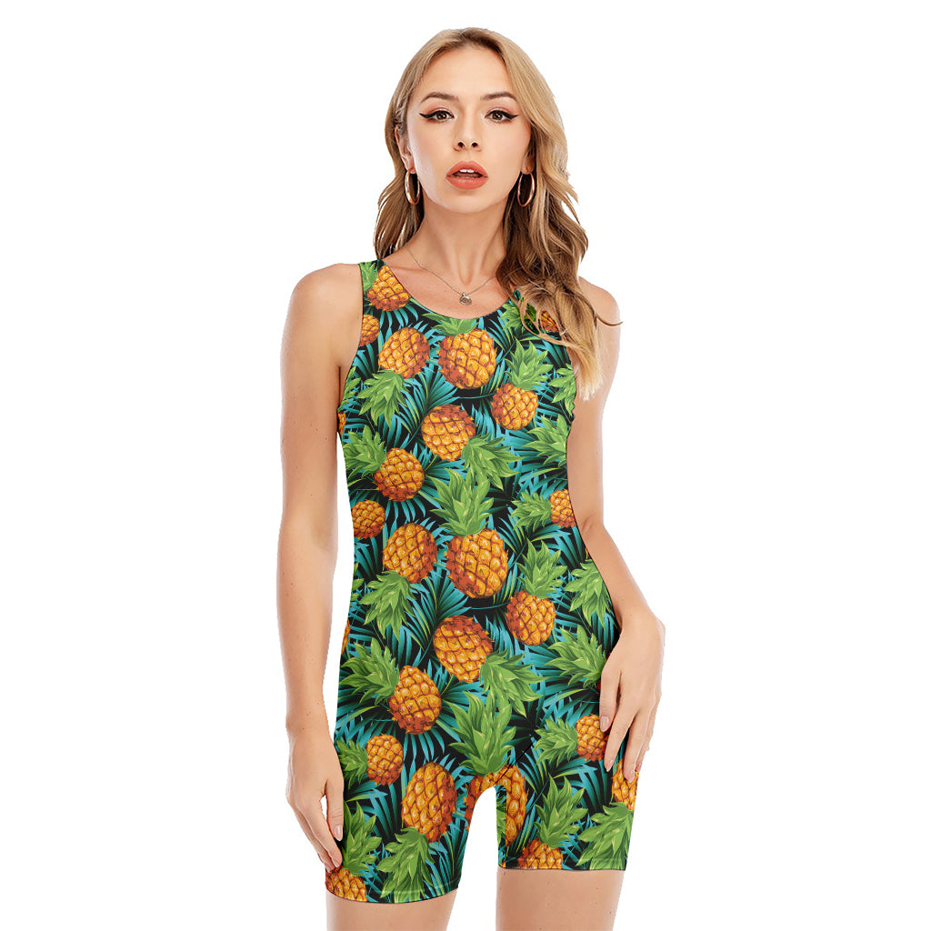 Exotic Tropical Pineapple Pattern Print Sleeveless One Piece Swimsuit