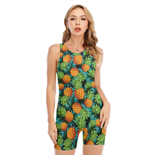 Exotic Tropical Pineapple Pattern Print Sleeveless One Piece Swimsuit