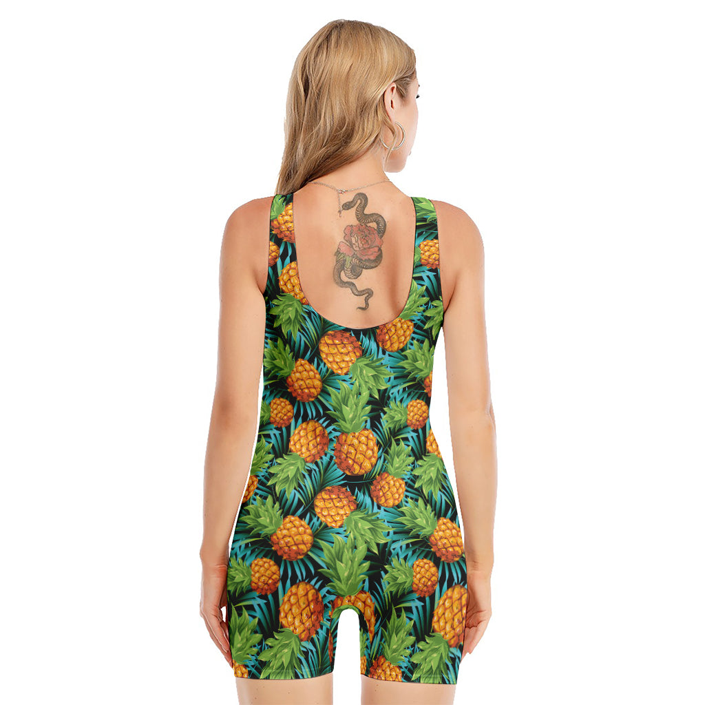 Exotic Tropical Pineapple Pattern Print Sleeveless One Piece Swimsuit