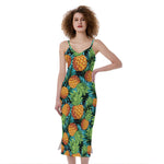 Exotic Tropical Pineapple Pattern Print Slim Fit Midi Cami Dress
