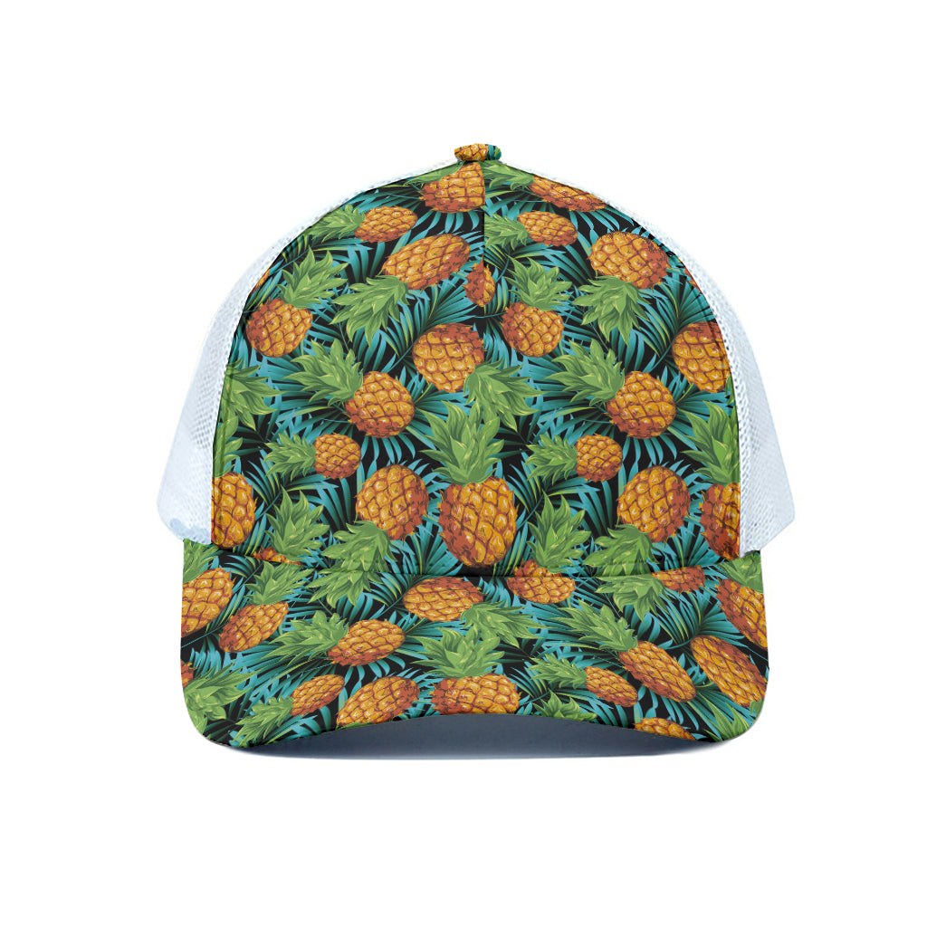 Exotic Tropical Pineapple Pattern Print White Mesh Trucker Cap