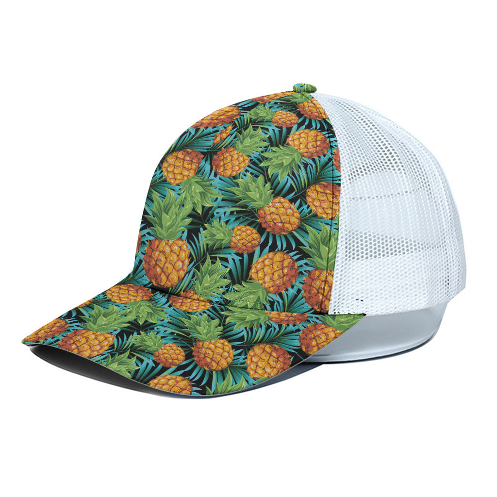 Exotic Tropical Pineapple Pattern Print White Mesh Trucker Cap