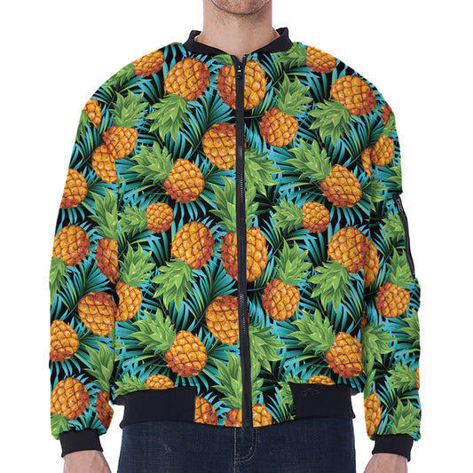Exotic Tropical Pineapple Pattern Print Zip Sleeve Bomber Jacket