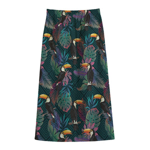 Exotic Tropical Toucan Pattern Print Cotton Front Slit Maxi Skirt