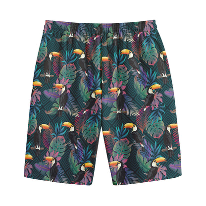 Exotic Tropical Toucan Pattern Print Cotton Shorts