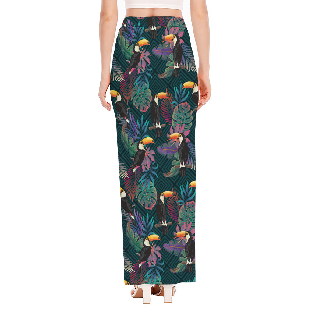 Exotic Tropical Toucan Pattern Print High Slit Maxi Skirt