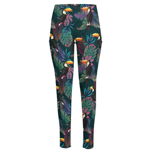 Exotic Tropical Toucan Pattern Print High-Waisted Pocket Leggings