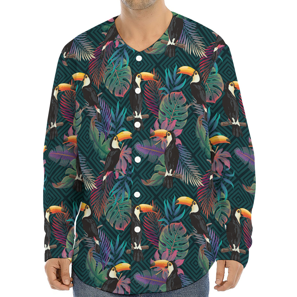 Exotic Tropical Toucan Pattern Print Long Sleeve Baseball Jersey