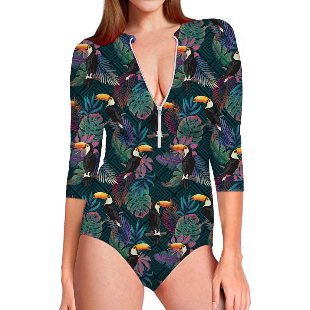 Exotic Tropical Toucan Pattern Print Long Sleeve Swimsuit