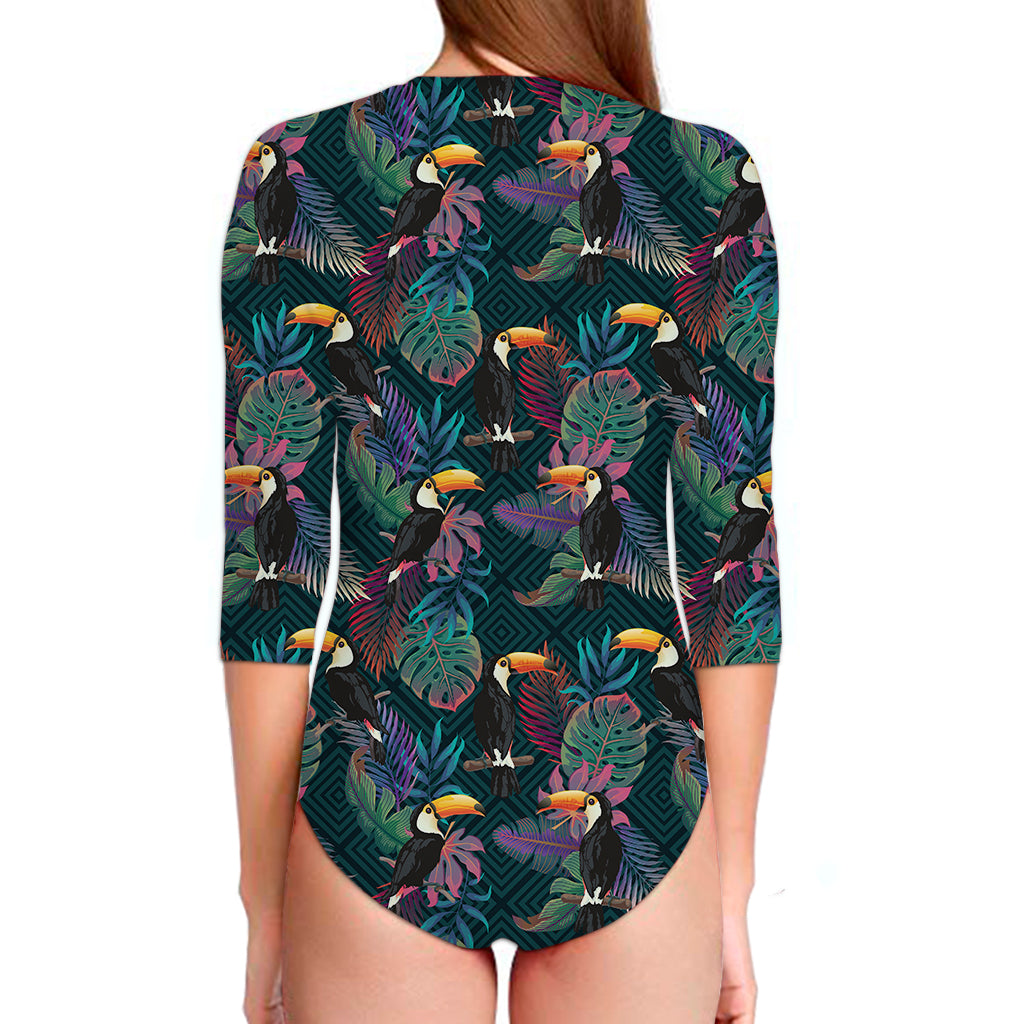 Exotic Tropical Toucan Pattern Print Long Sleeve Swimsuit