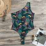 Exotic Tropical Toucan Pattern Print One Shoulder Bodysuit
