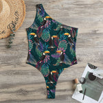 Exotic Tropical Toucan Pattern Print One Shoulder Bodysuit