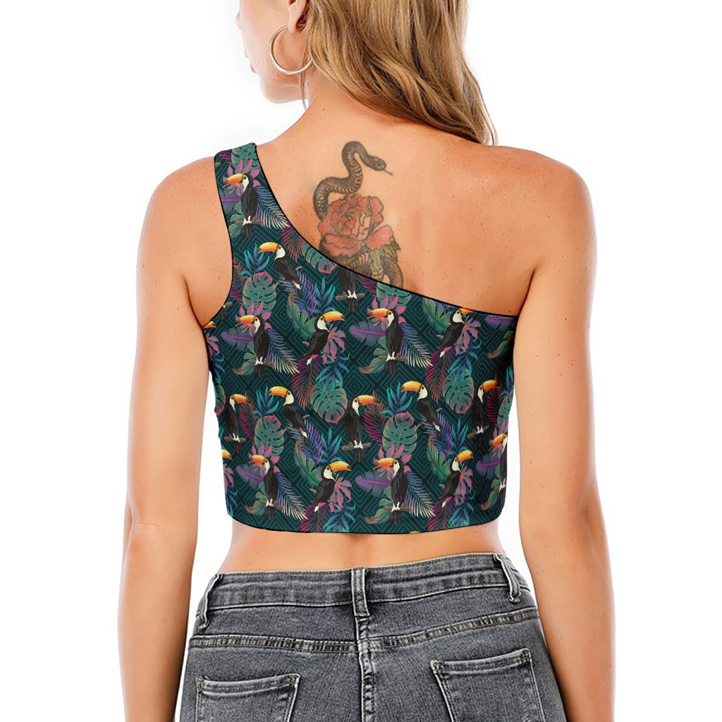 Exotic Tropical Toucan Pattern Print One Shoulder Crop Top