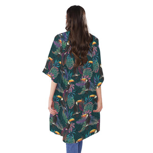 Exotic Tropical Toucan Pattern Print Open Front Beach Cover Up