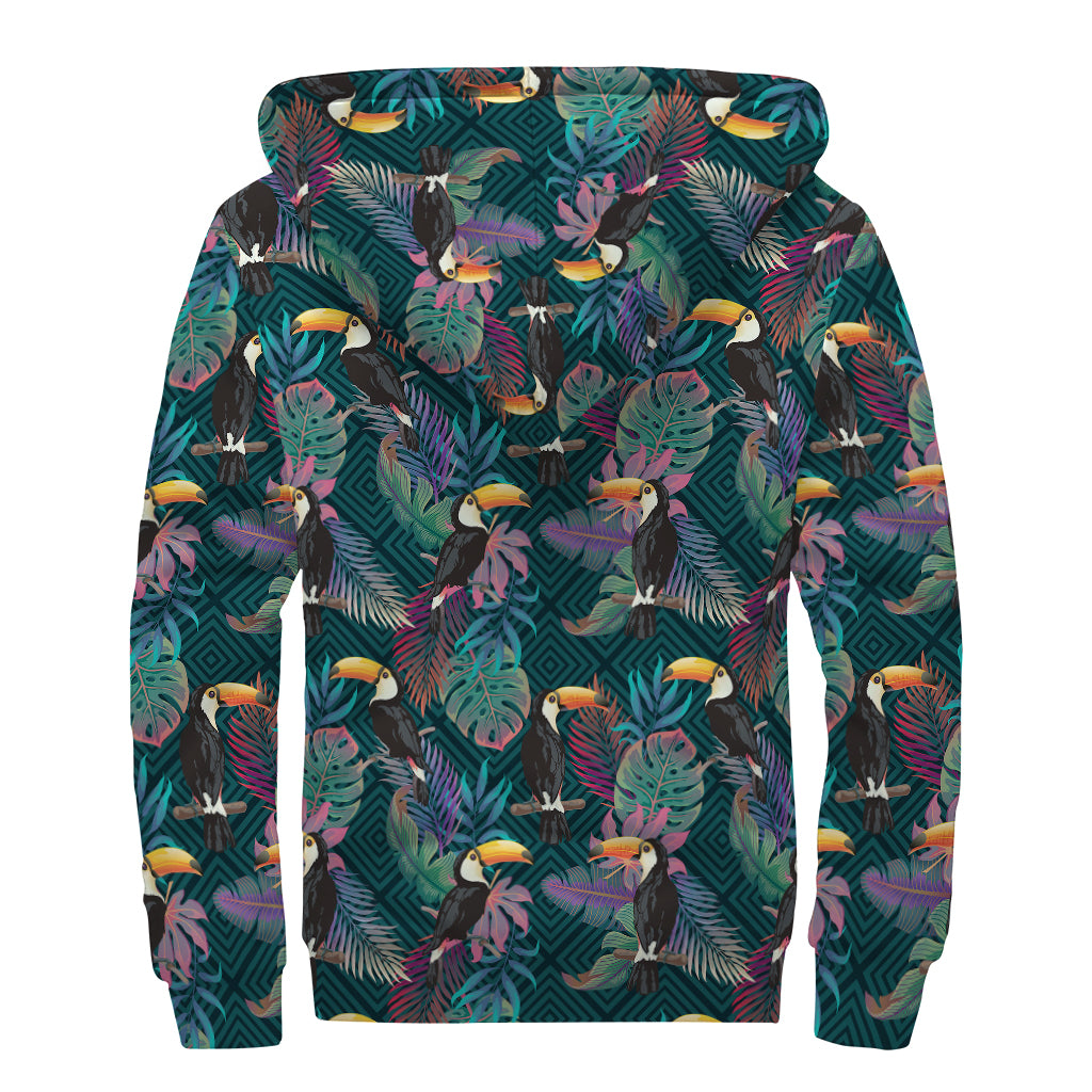 Exotic Tropical Toucan Pattern Print Sherpa Lined Zip Up Hoodie