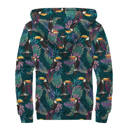 Exotic Tropical Toucan Pattern Print Sherpa Lined Zip Up Hoodie