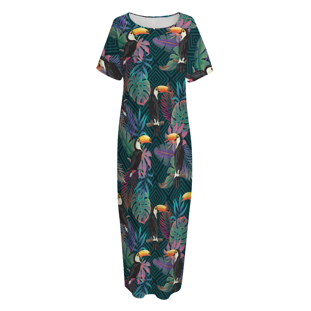 Exotic Tropical Toucan Pattern Print Short Sleeve Long Nightdress