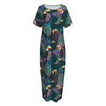 Exotic Tropical Toucan Pattern Print Short Sleeve Long Nightdress