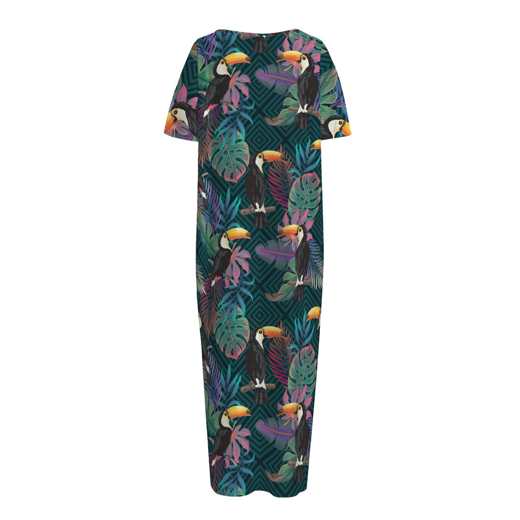 Exotic Tropical Toucan Pattern Print Short Sleeve Long Nightdress