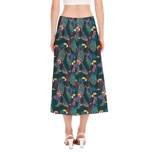 Exotic Tropical Toucan Pattern Print Side Slit Midi Skirt