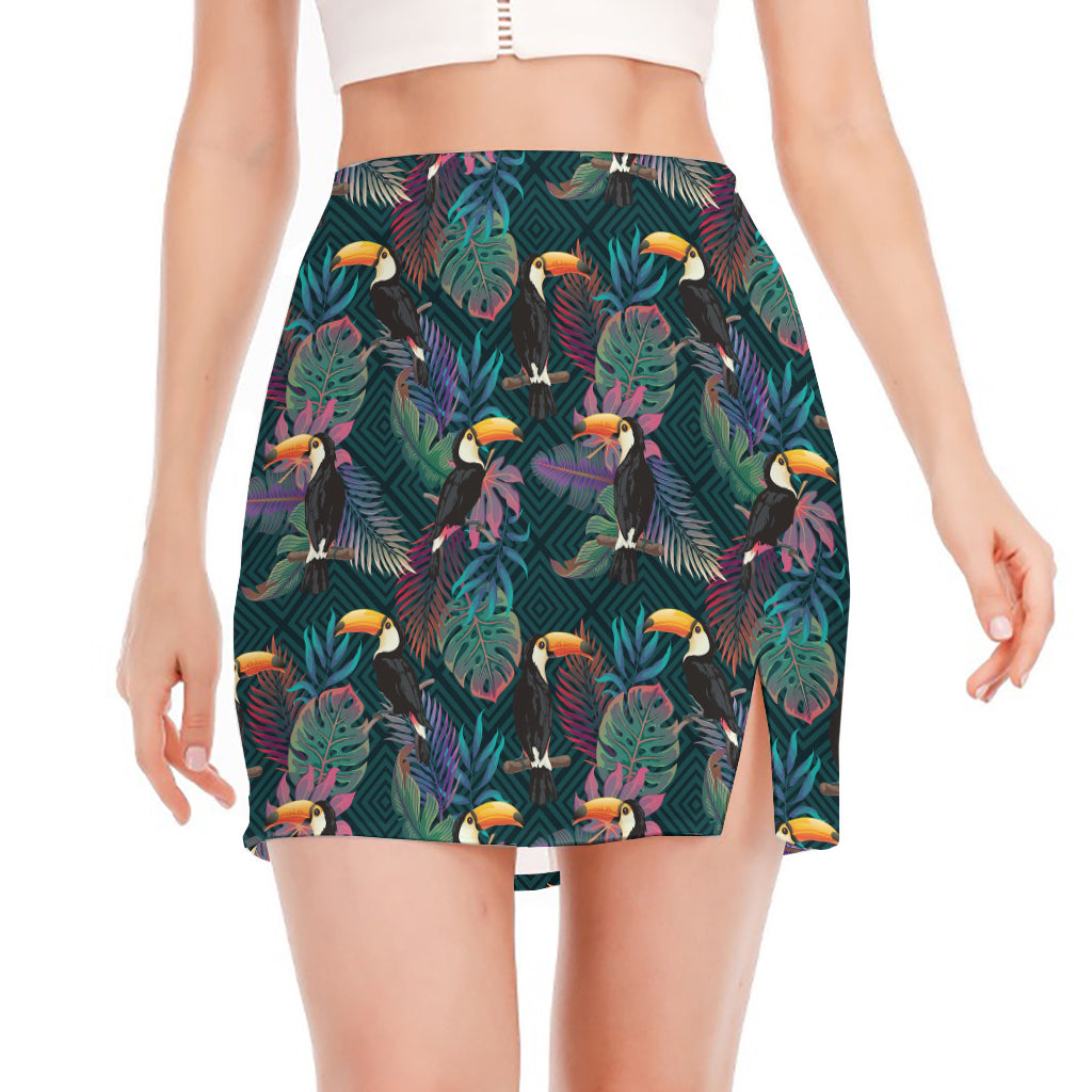 Exotic Tropical Toucan Pattern Print Side Slit Mini Skirt