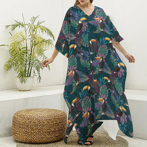 Exotic Tropical Toucan Pattern Print Silk V-Neck Kaftan Dress