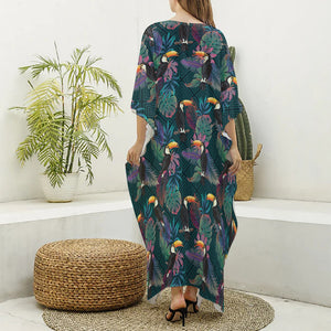 Exotic Tropical Toucan Pattern Print Silk V-Neck Kaftan Dress